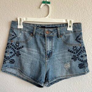 High Rise Denim Shorts with Embroidered Geometric Print
